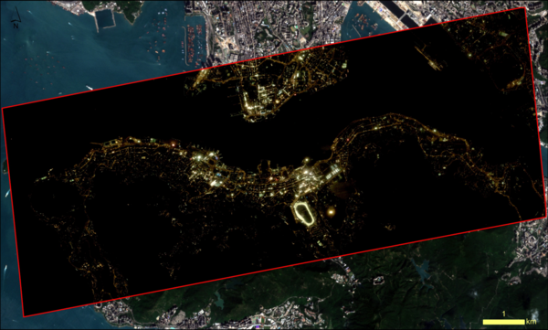 Figure 3 Ultra-high-resolution (inside the red frame, spatial resolution around 1m) images captured by the Jilin-1 satellite system. The combined night time map of Hong Kong taken by Jilin-1 can be found at  https://app.nightsky.physics.hku.hk/static/index.html
